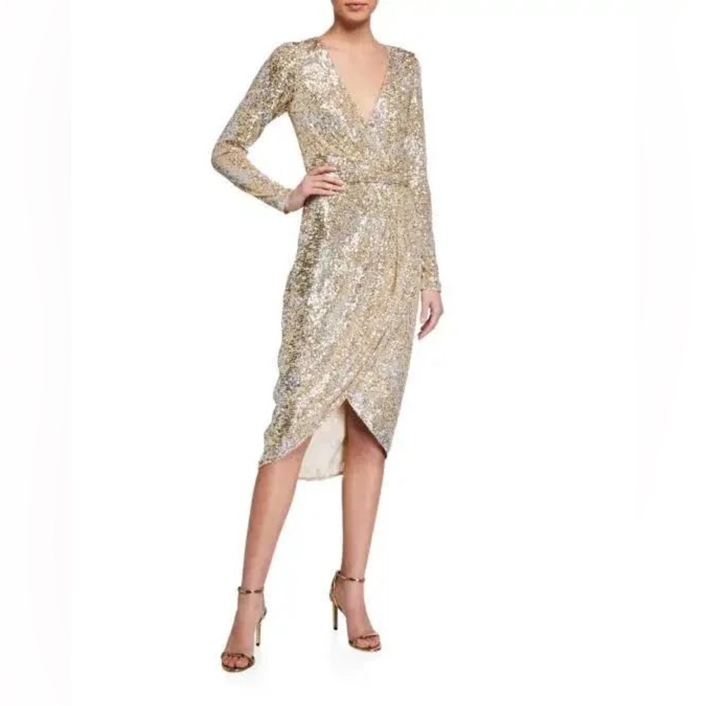 Parker Black Label Opal Gold Silver Sequin Faux Wrap Tulip Midi Dress